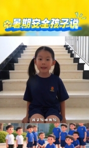 暑假安全孩子說(shuō)：下雨天路滑，走路慢慢走！