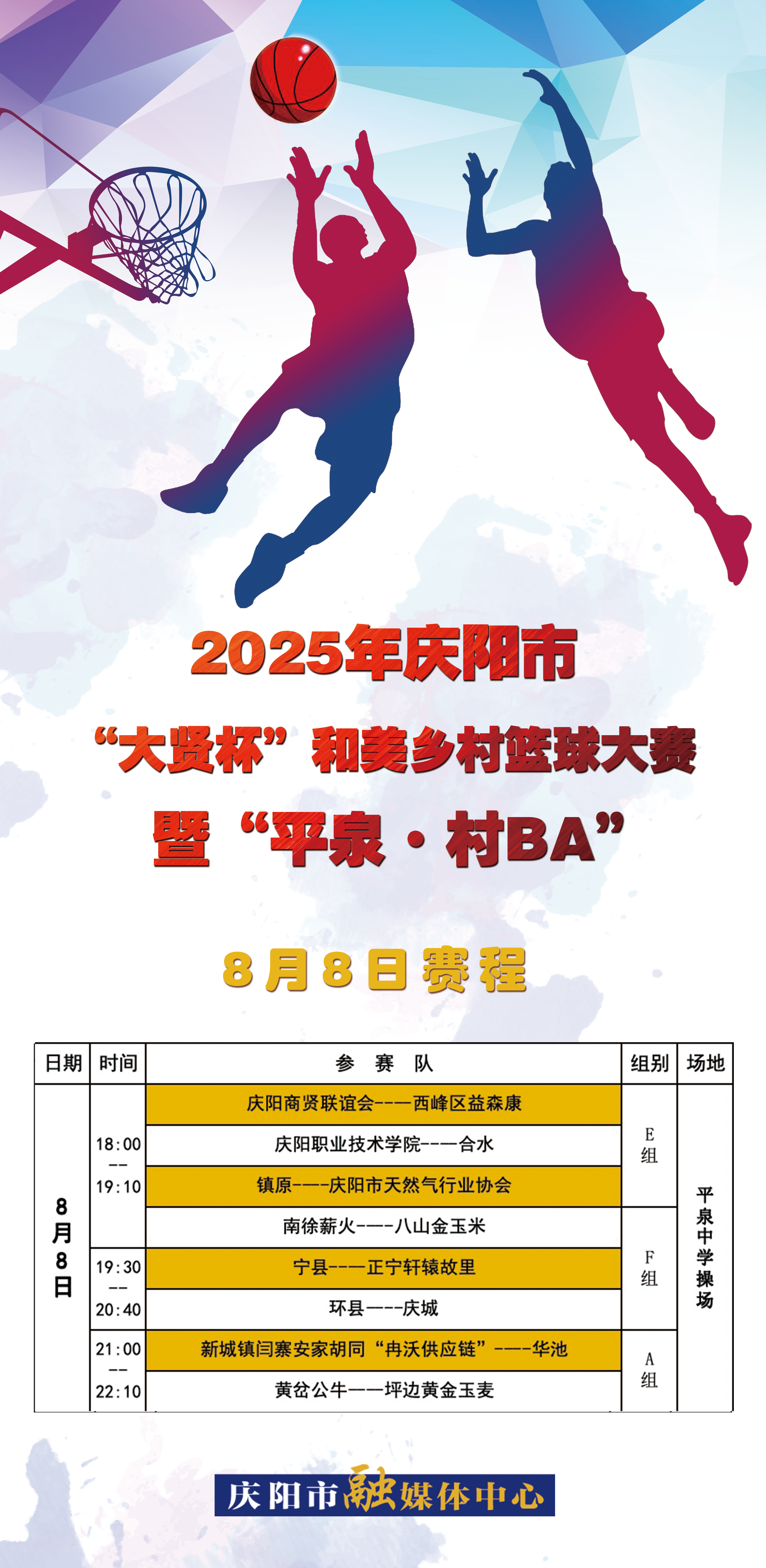 2025年慶陽(yáng)市“大賢杯”和美鄉(xiāng)村籃球大賽暨“平泉·村BA”8月8日賽程安排