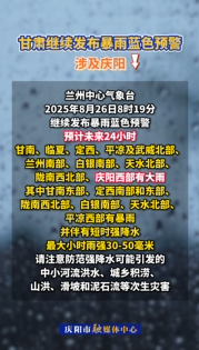 甘肅繼續(xù)發(fā)布暴雨藍(lán)色預(yù)警，涉及慶陽(yáng)→