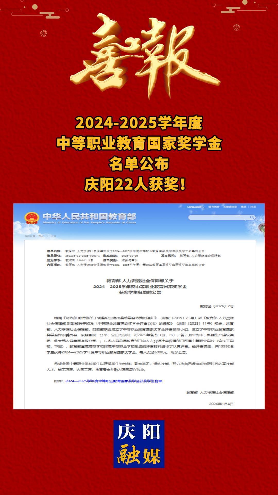 2024-2025學(xué)年度中等職業(yè)教育國(guó)家獎(jiǎng)學(xué)金名單公布，慶陽(yáng)22人獲獎(jiǎng)！