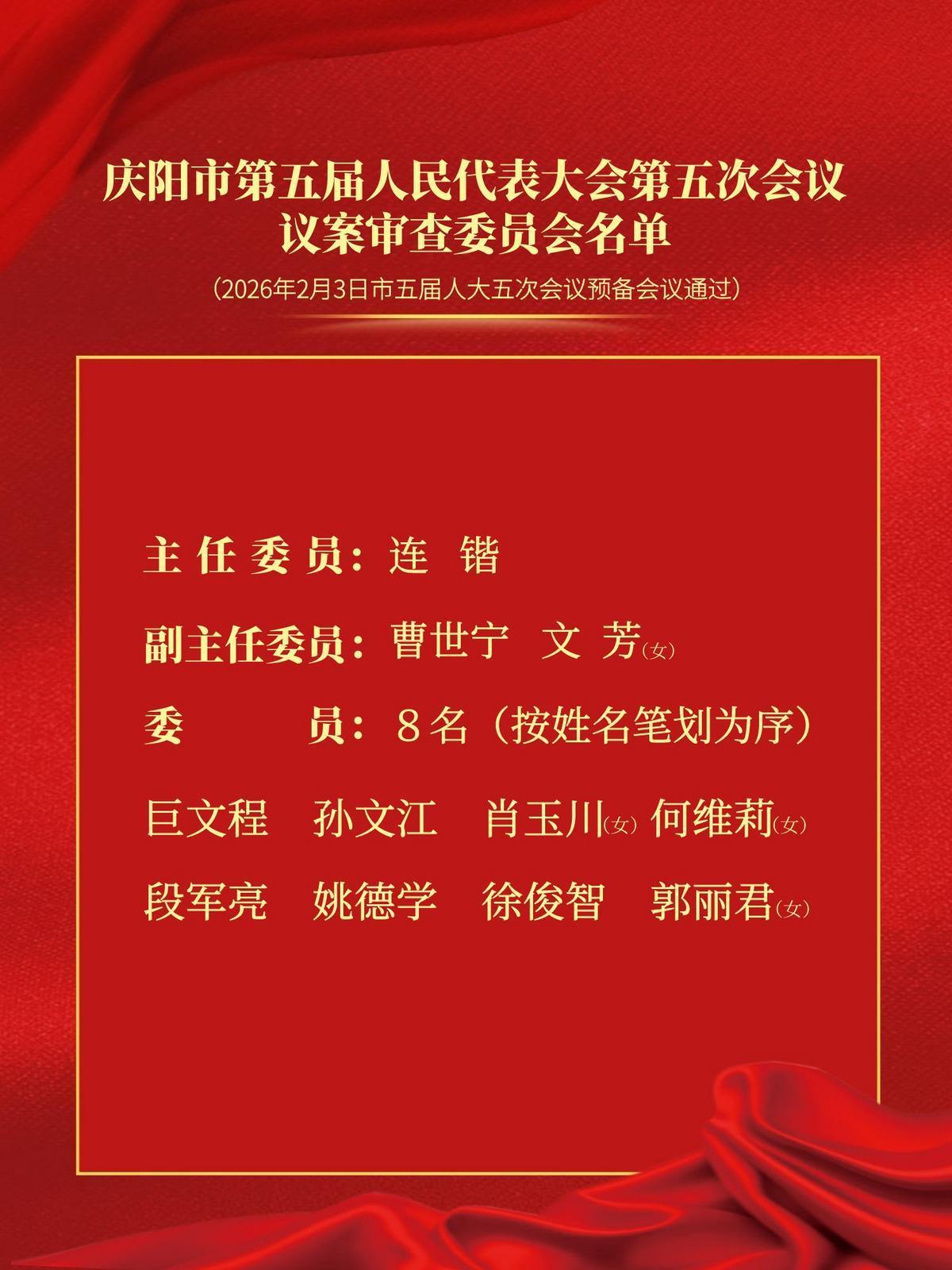 慶陽(yáng)市第五屆人民代表大會(huì)第五次會(huì)議議案審查委員會(huì)名單